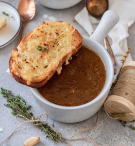 Soup and bread on a table